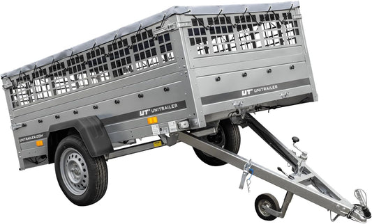 UNITRAILER Large Trailer 230 x 125 cm with Flat Tarpaulin, Mesh and Jockey Wheel - Garden Trailer 230 Kippl