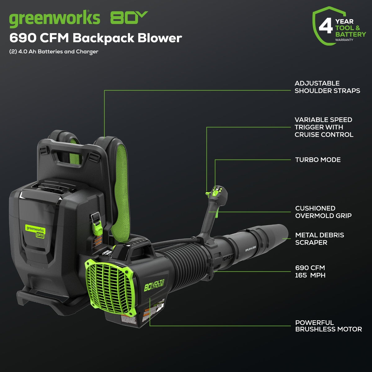 Greenworks BLB492 Cordless Backpack Blower Kit 80V 4.0Ah