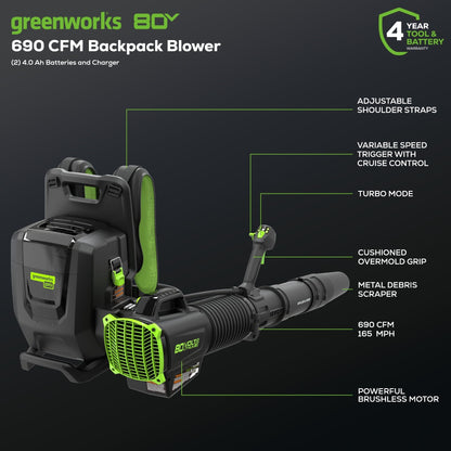 Greenworks BLB492 Cordless Backpack Blower Kit 80V 4.0Ah