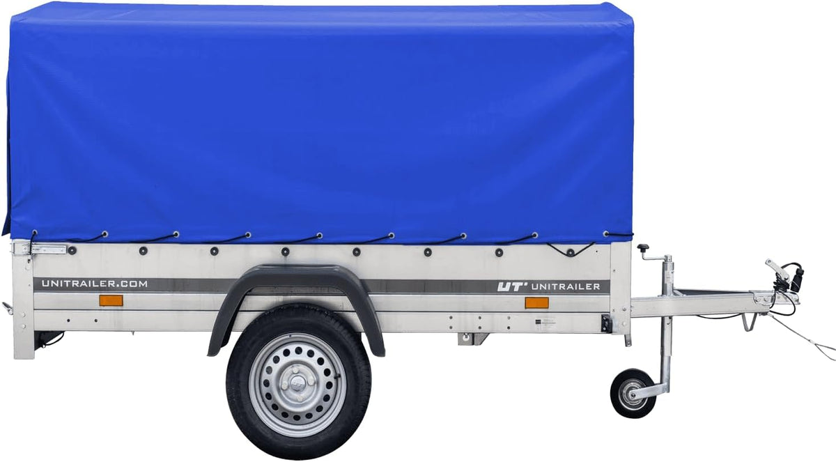 UNITRAILER Car Trailer 230 x 125 cm Garden Trailer 230 Tilting 750 kg with Jockey Wheel, Blue Tarpaulin and High Arrowl