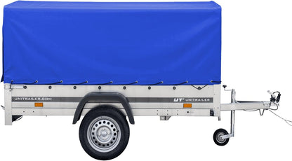 UNITRAILER Car Trailer 230 x 125 cm Garden Trailer 230 Tilting 750 kg with Jockey Wheel, Blue Tarpaulin and High Arrowl