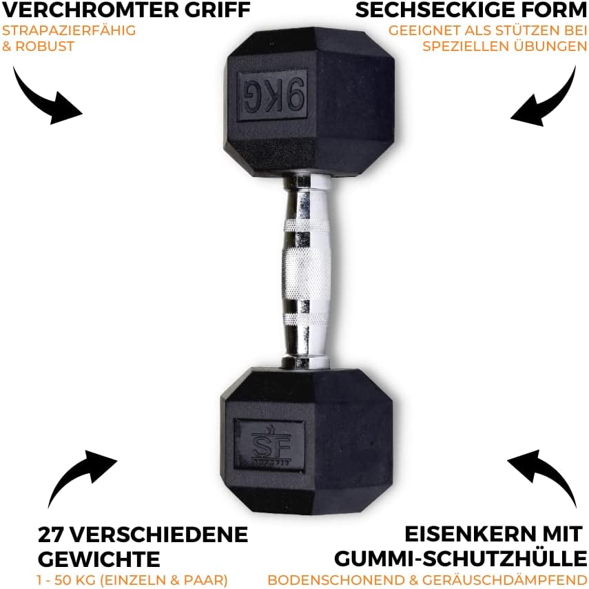 SUPRFIT Hexagon Kurzhanteln Paar: Gummierte Eisenkern Hanteln für Krafttrainingl
