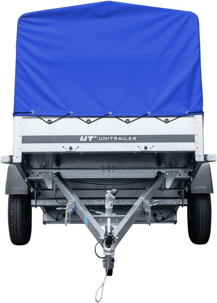 UNITRAILER Car Trailer 230 x 125 cm Garden Trailer 230 Tilting 750 kg with Jockey Wheel, Blue Tarpaulin and High Arrowl