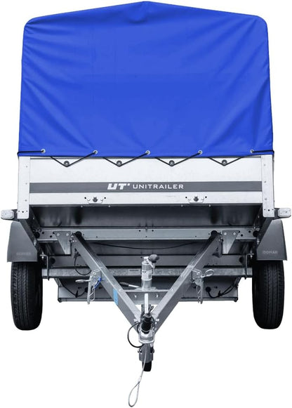 UNITRAILER Car Trailer 230 x 125 cm Garden Trailer 230 Tilting 750 kg with Jockey Wheel, Blue Tarpaulin and High Arrowl