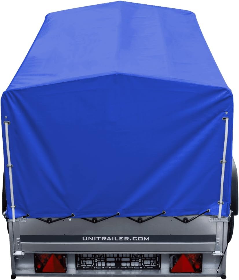 UNITRAILER Car Trailer 230 x 125 cm Garden Trailer 230 Tilting 750 kg with Jockey Wheel, Blue Tarpaulin and High Arrowl