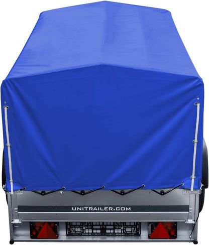 UNITRAILER Car Trailer 230 x 125 cm Garden Trailer 230 Tilting 750 kg with Jockey Wheel, Blue Tarpaulin and High Arrowl
