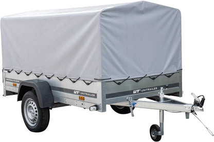 UNITRAILER Trailer Car 230 x 125 cm Garden Trailer 230 Tilting Unitrailer 750 kg with Jockey Wheel, Tarpaulin and High Arrowl