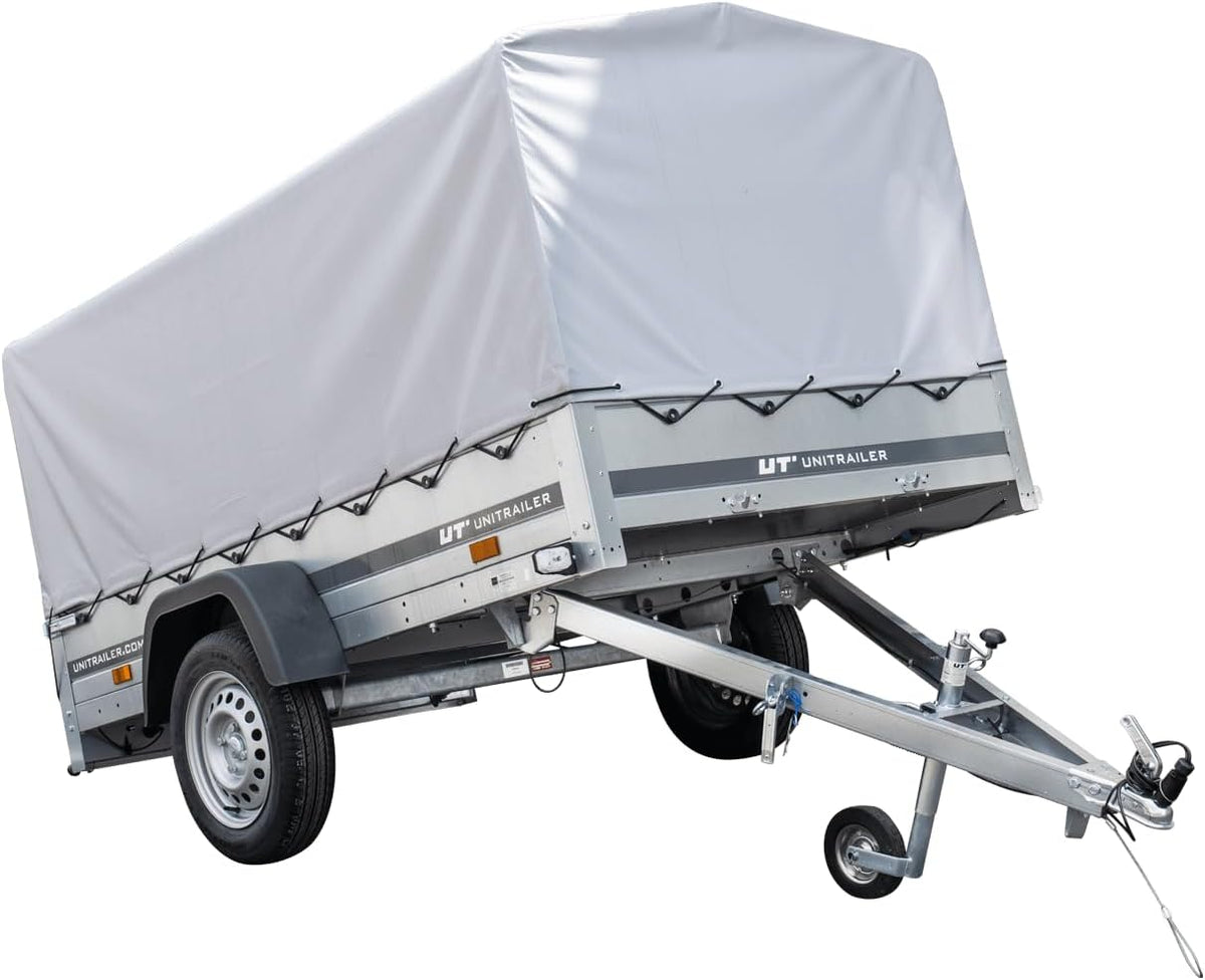 UNITRAILER Trailer Car 230 x 125 cm Garden Trailer 230 Tilting Unitrailer 750 kg with Jockey Wheel, Tarpaulin and High Arrowl