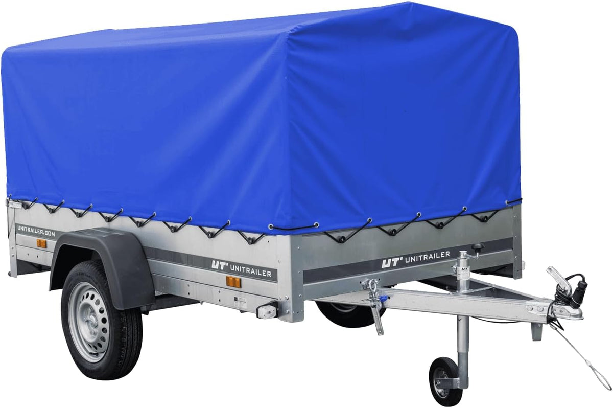 UNITRAILER Car Trailer 230 x 125 cm Garden Trailer 230 Tilting 750 kg with Jockey Wheel, Blue Tarpaulin and High Arrowl