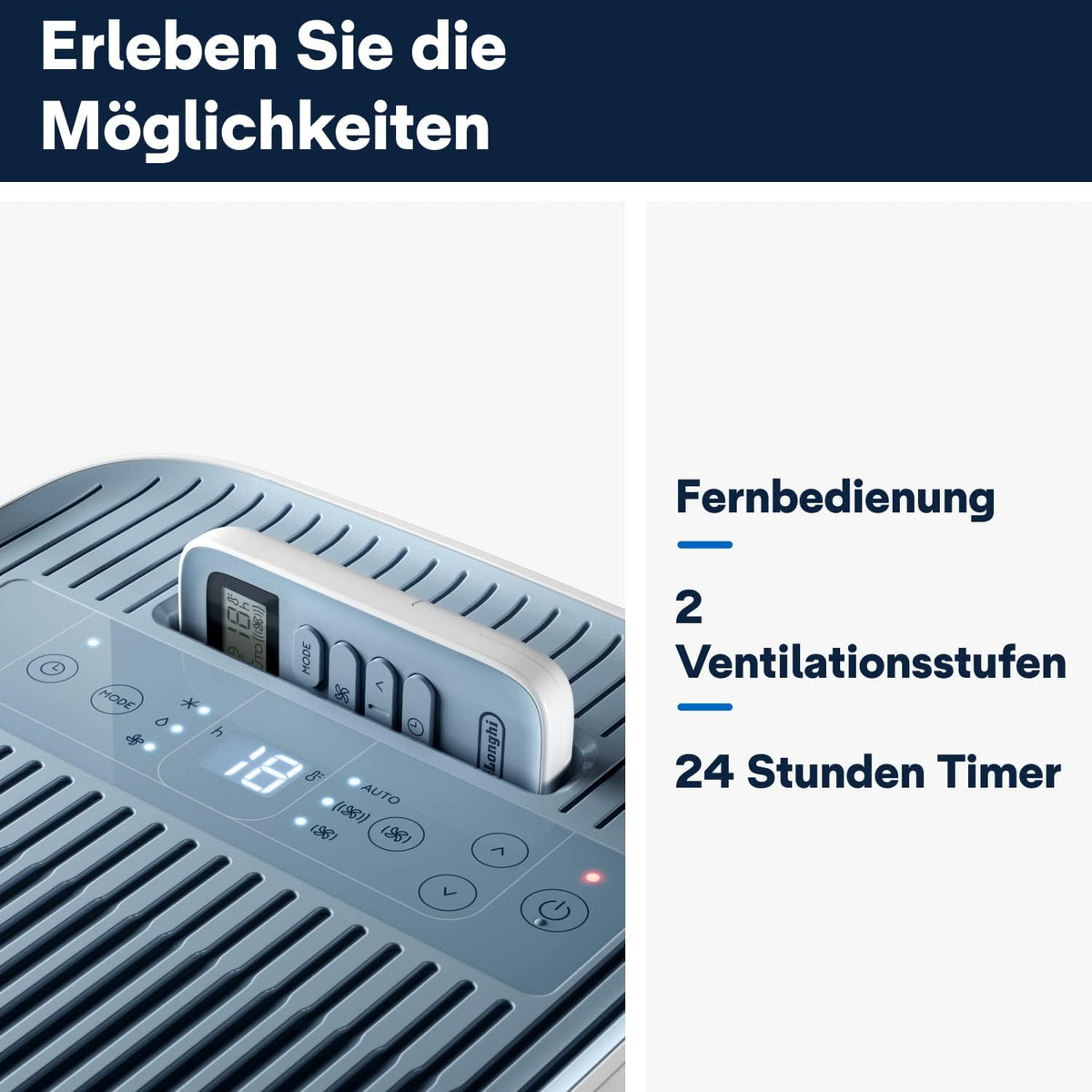 De'Longhi Pinguino Kompakt Mobiles Klimagerät 8.300 BTU/h Entfeuchtung Timer Ad