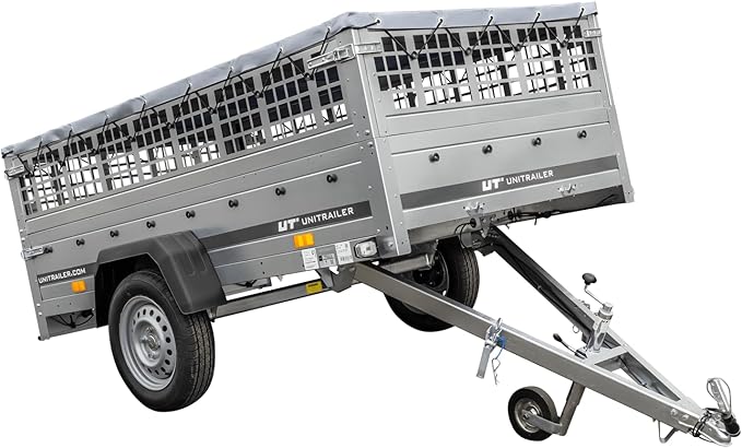 UNITRAILER Large Trailer 230 x 125 cm with Flat Tarpaulin, Mesh and Jockey Wheel - Garden Trailer 230 Kippl