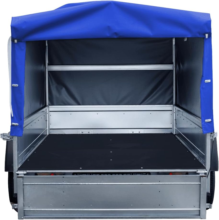 UNITRAILER Car Trailer 230 x 125 cm Garden Trailer 230 Tilting 750 kg with Jockey Wheel, Blue Tarpaulin and High Arrowl