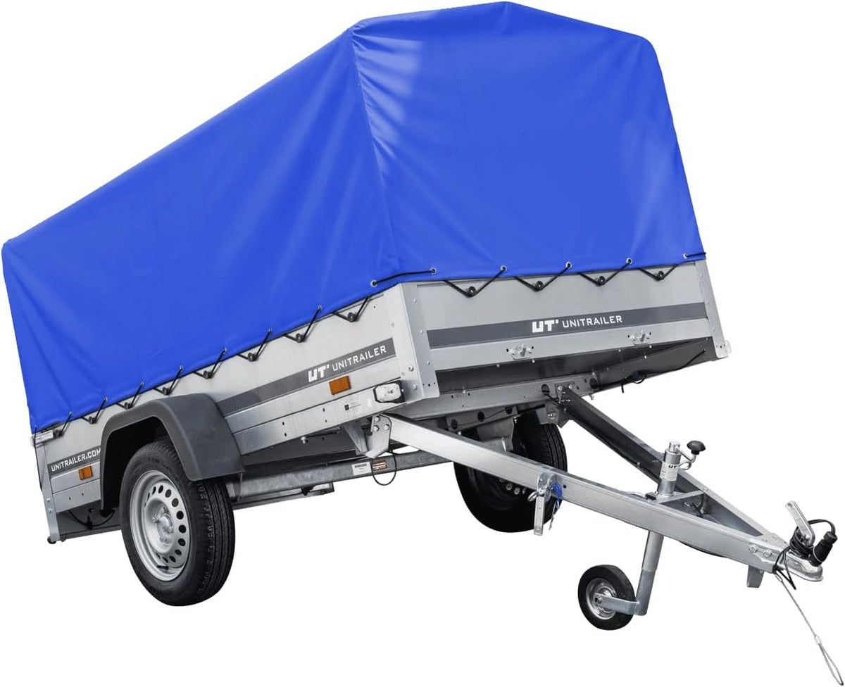 UNITRAILER Car Trailer 230 x 125 cm Garden Trailer 230 Tilting 750 kg with Jockey Wheel, Blue Tarpaulin and High Arrowl