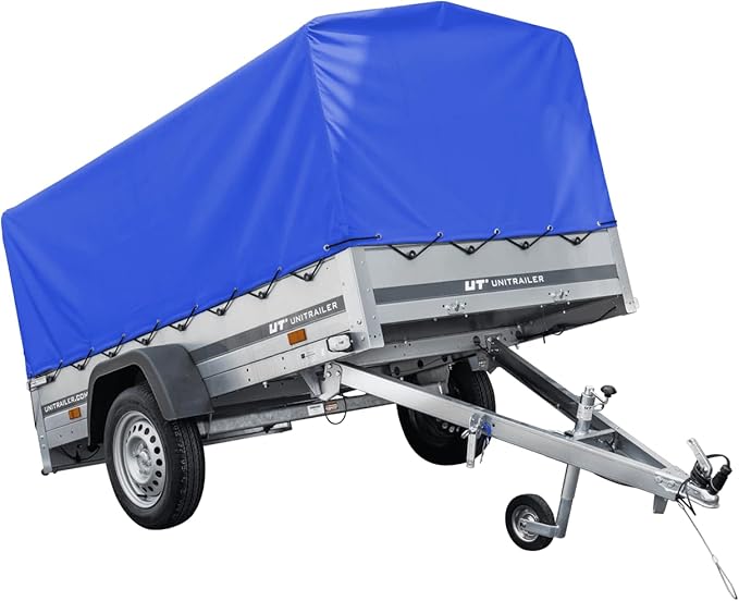 UNITRAILER Car Trailer 230 x 125 cm Garden Trailer 230 Tilting 750 kg with Jockey Wheel, Blue Tarpaulin and High Arrowl