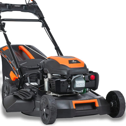 FUXTEC 4in1 Benzin Rasenmäher FX-RM5196eSPRO mit E-Start und regulierbarem Selbstantrieb, Gartenmäher inkl. Frontstoßstange, 51 cm Schnittbreite, kugelgelagerte Big Wheel Räder, 60L Grasfangkorb
