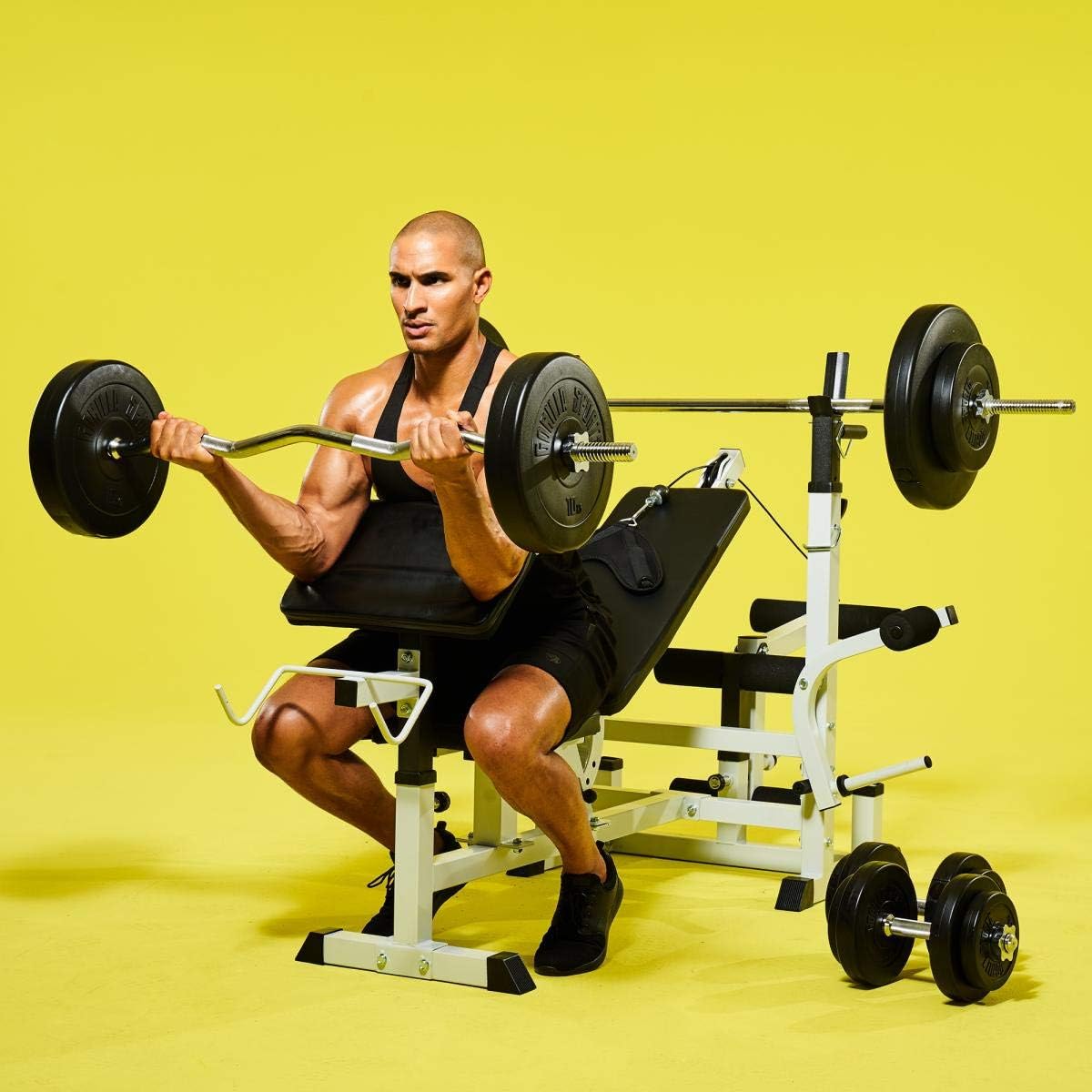 Gorilla Sports Hantelbank mit Gewichten, 170 cm Stange und Hantelsetl