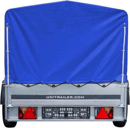 UNITRAILER Car Trailer 230 x 125 cm Garden Trailer 230 Tilting 750 kg with Jockey Wheel, Blue Tarpaulin and High Arrowl