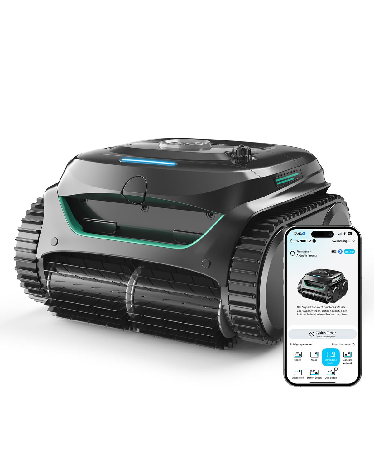 WYBOT C2 Poolroboter Akku Boden und Wand für Einbaupools bis 150㎡, Doppelfiltration, 3-Fach Motor, Starke Saugkraft, Wandkletter & Wasserlinie, 183 Min, App(Schwarz-Grün B)