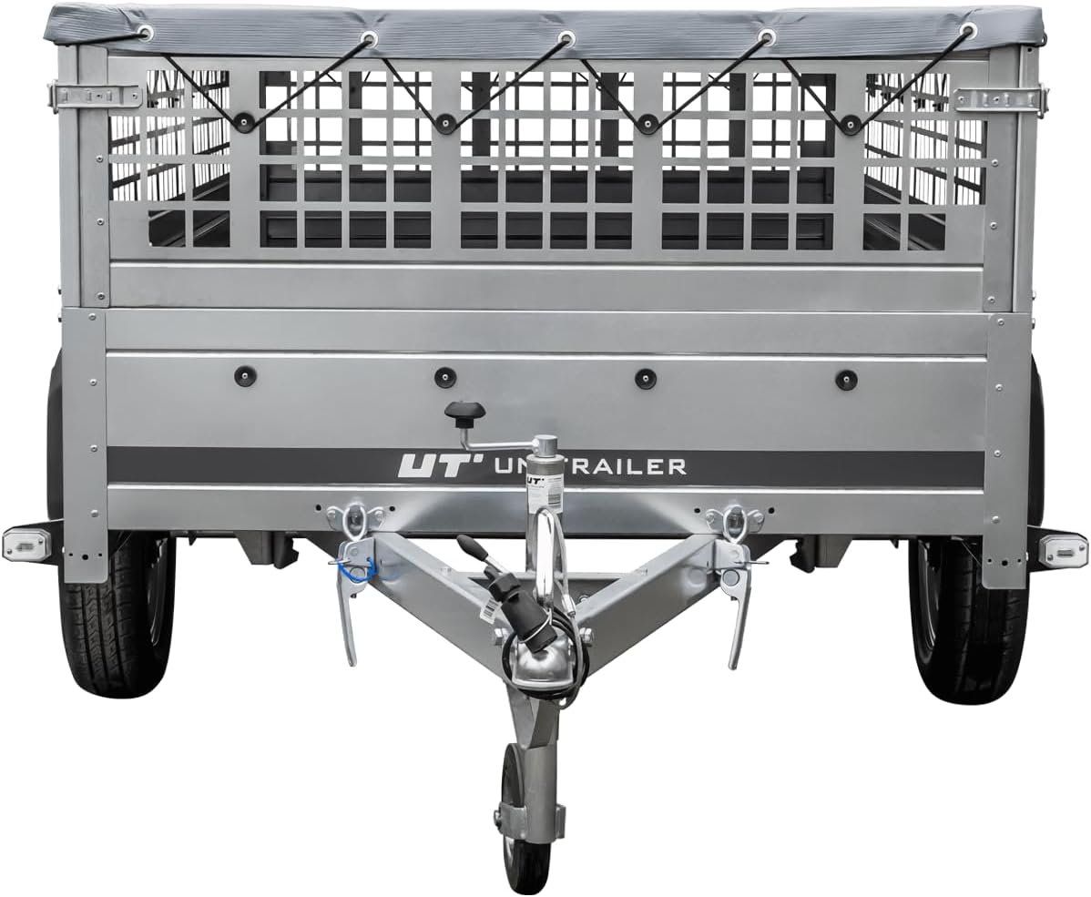 UNITRAILER Large Trailer 230 x 125 cm with Flat Tarpaulin, Mesh and Jockey Wheel - Garden Trailer 230 Kippl