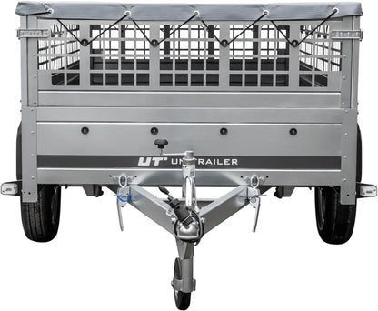 UNITRAILER Large Trailer 230 x 125 cm with Flat Tarpaulin, Mesh and Jockey Wheel - Garden Trailer 230 Kippl