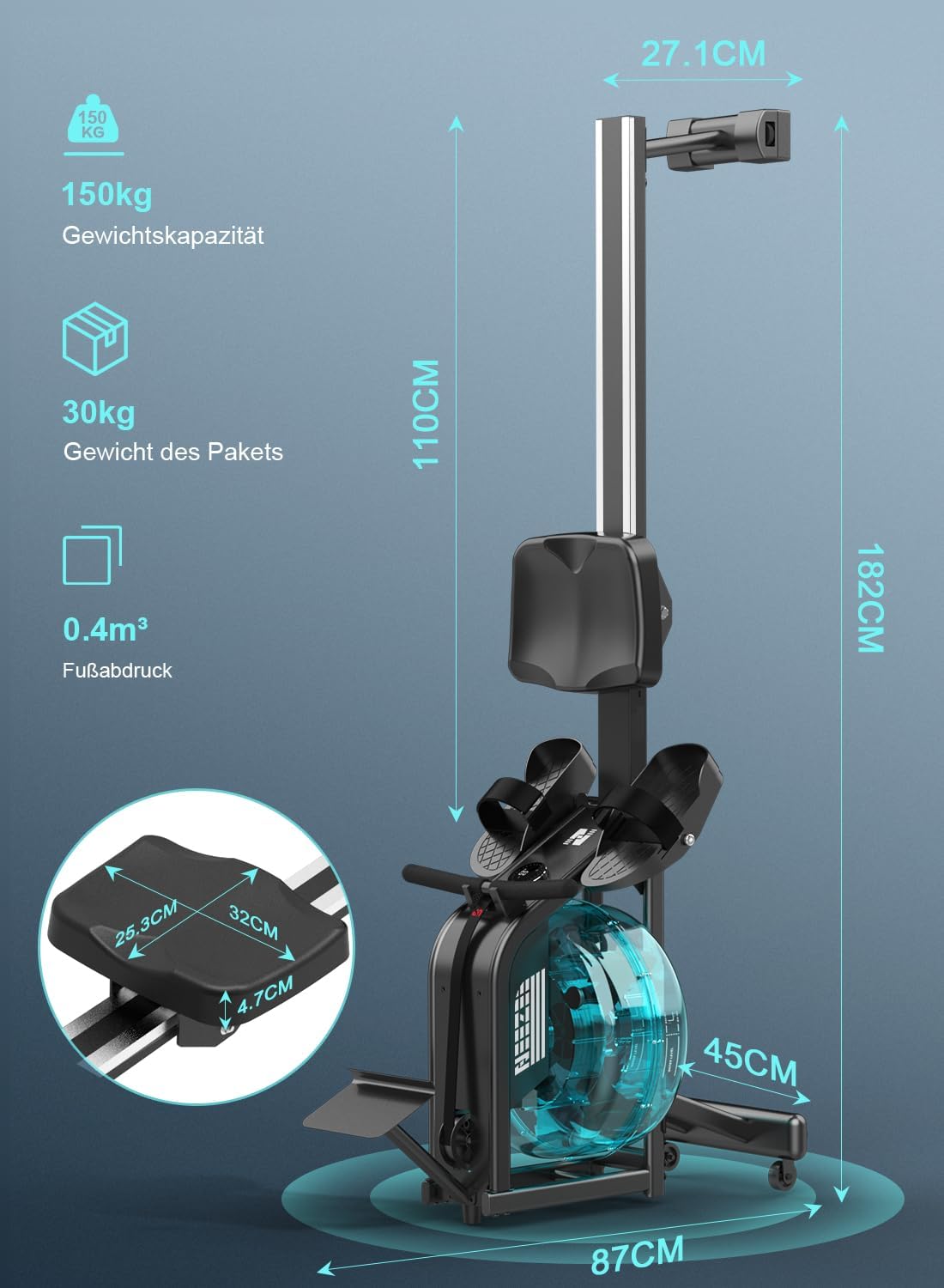 NEEZEE Wasserrudergerät: Bluetooth-Monitor, Tablet-Halterung, 150 kg Kapazitätl