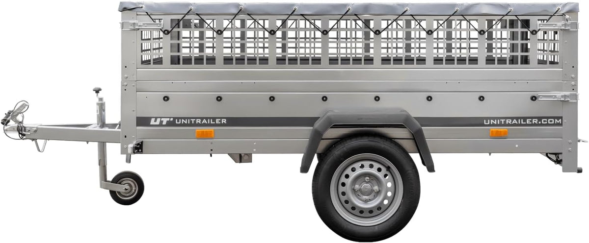 UNITRAILER Large Trailer 230 x 125 cm with Flat Tarpaulin, Mesh and Jockey Wheel - Garden Trailer 230 Kippl