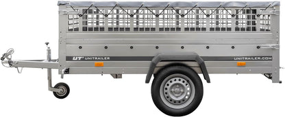 UNITRAILER Large Trailer 230 x 125 cm with Flat Tarpaulin, Mesh and Jockey Wheel - Garden Trailer 230 Kippl