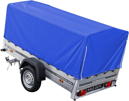 UNITRAILER Car Trailer 230 x 125 cm Garden Trailer 230 Tilting 750 kg with Jockey Wheel, Blue Tarpaulin and High Arrowl