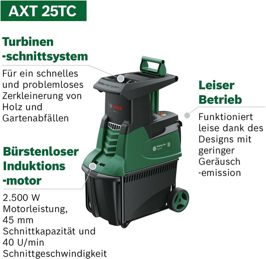 Bosch Turbinenhäcksler AXT 25 TC (2.500 W; geeignet für Holz und harte Gartenabfälle; integrierte Fangbox 53 l; in Karton)f