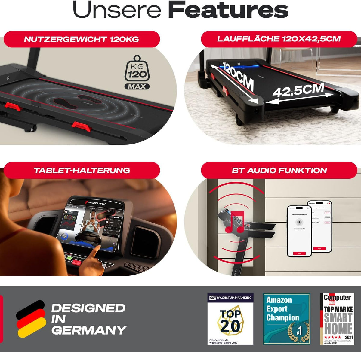 Sportstech F31s: Profi-Laufband, 4,5 PS, 16 km/h, Bluetooth & Appl