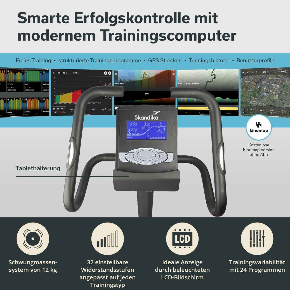 Skandika Morpheus: Ergometer mit App‑Steuerung, Pulsgurt und Tablethalterl
