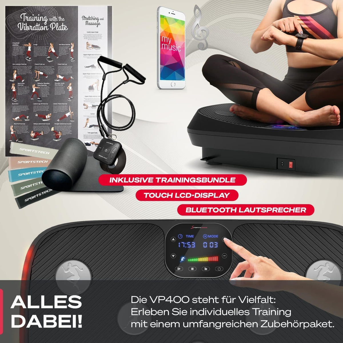 Sportstech VP400: 4D Vibrationsplatte mit Smart‑LED und Trainingsbändernl