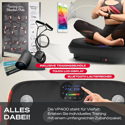 Sportstech VP400: 4D Vibrationsplatte mit Smart‑LED und Trainingsbändernl