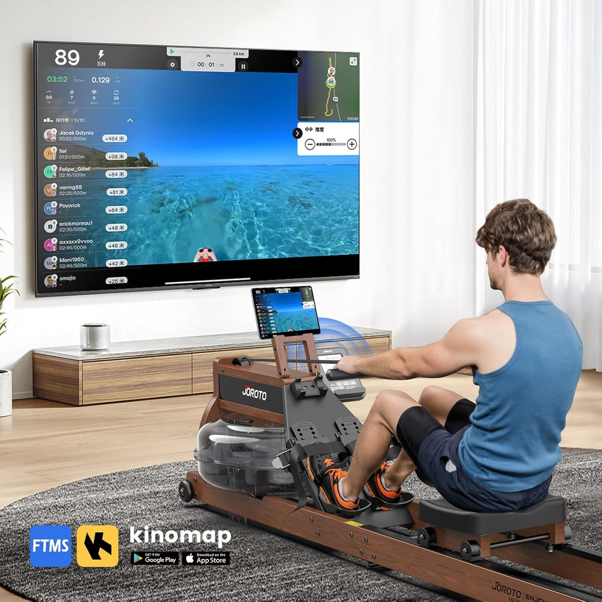 JOROTO MR380/MR390: Klappbares Eichenholz‑Rudergerät mit 28 L Tank und Bluetooth‑Monitorl
