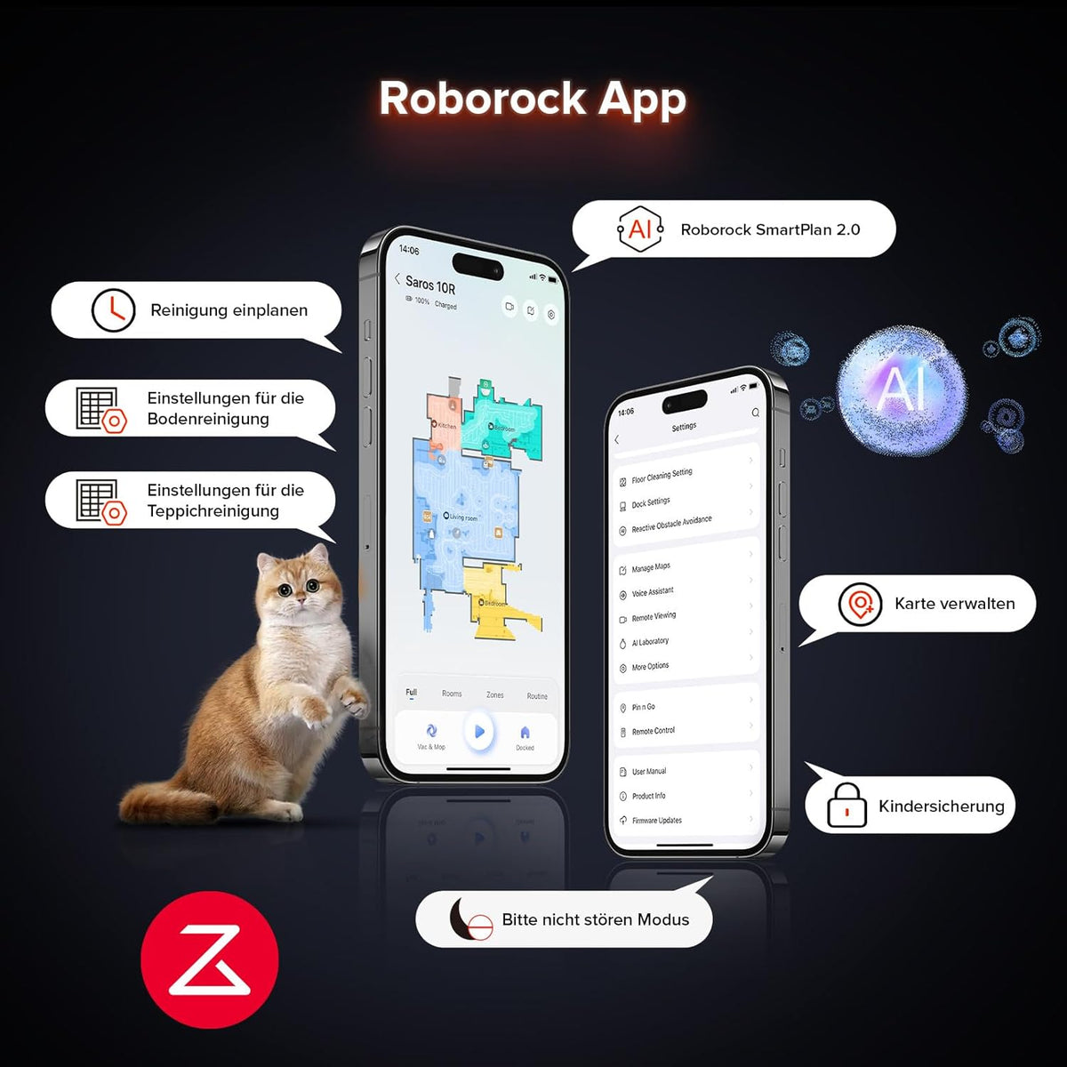 roborock Saros 10R Saugroboter mit Wischfunktion, ultraflach, StarSight 2.0, Zero-Tangle, Multifunktions-Dockd