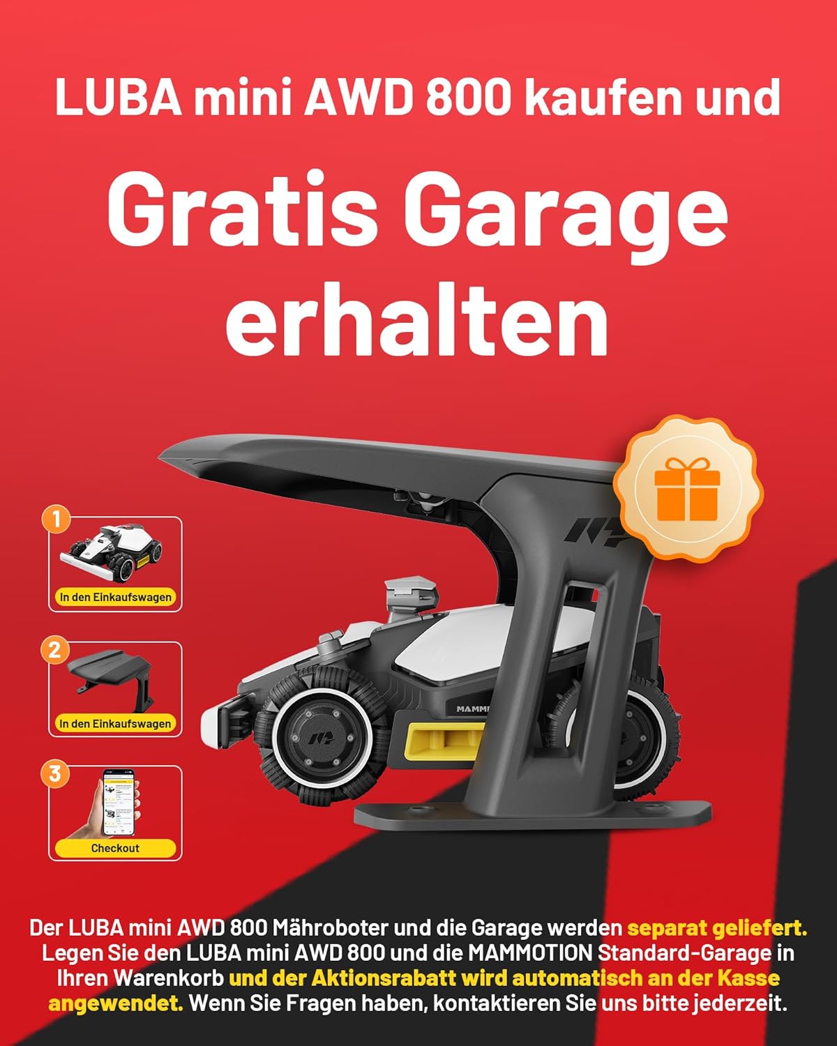 MAMMOTION LUBA mini AWD 800, 800m², Ohne Kabel, NetRTK+Vision, 4G, 80% Steigungf