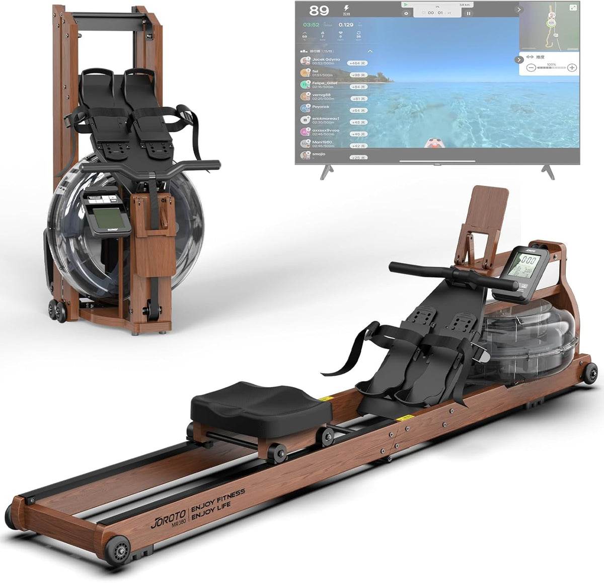 JOROTO MR380/MR390: Klappbares Eichenholz‑Rudergerät mit 28 L Tank und Bluetooth‑Monitorl