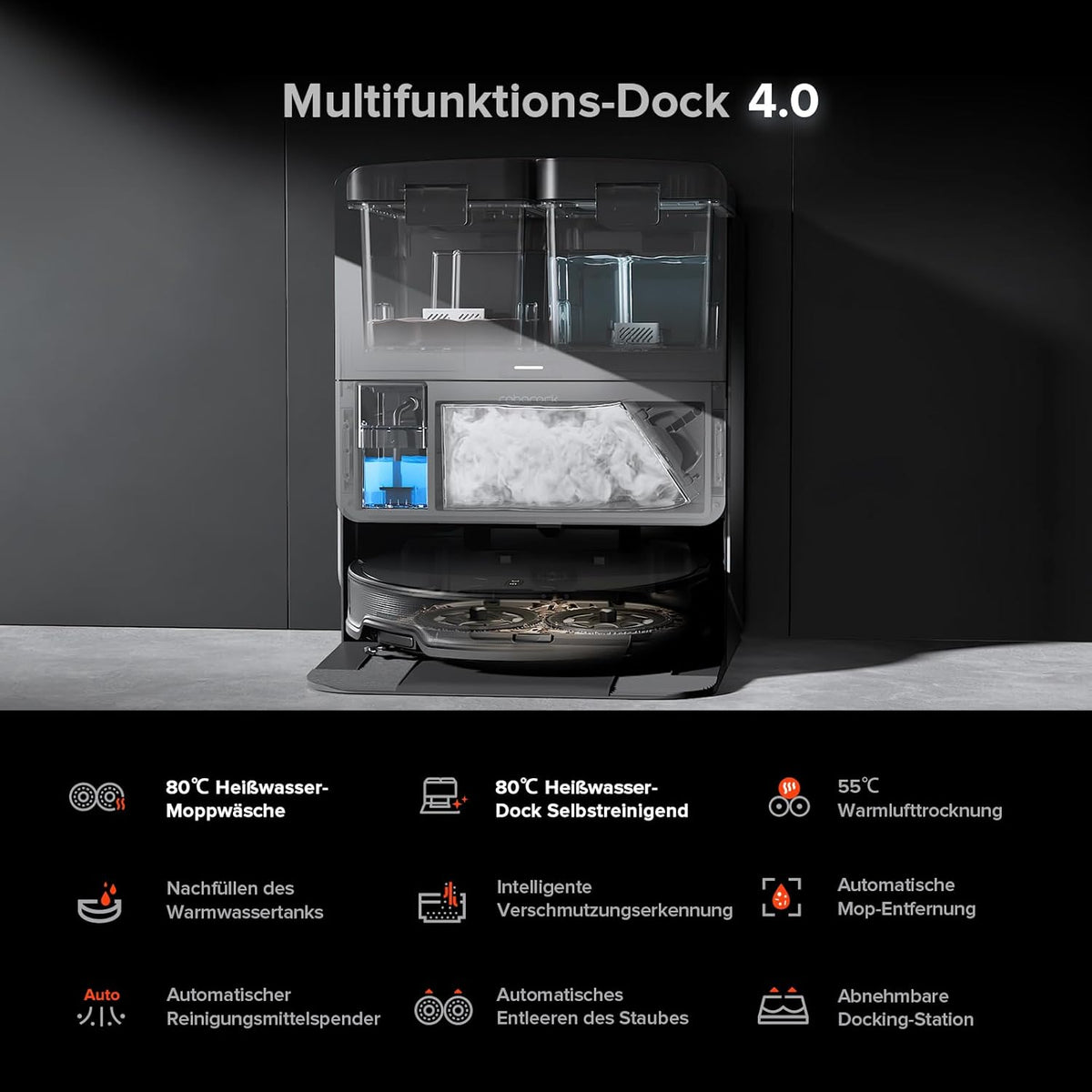 roborock Saros 10R Saugroboter mit Wischfunktion, ultraflach, StarSight 2.0, Zero-Tangle, Multifunktions-Dockd