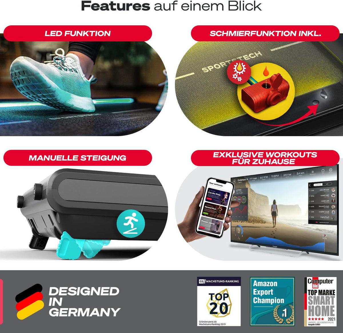 Sportstech Klappbares LED‑Laufband: Walking Pad mit Bluetooth‑Appl