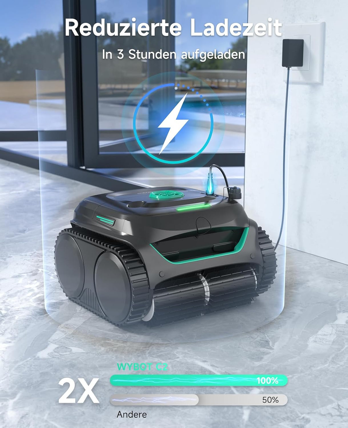 WYBOT C2 Poolroboter Akku, Boden & Wand, bis 150㎡, Doppelfilter, 3 Motoren, Wandkletter, 183 Min, App, Schwarz-Grün Bf
