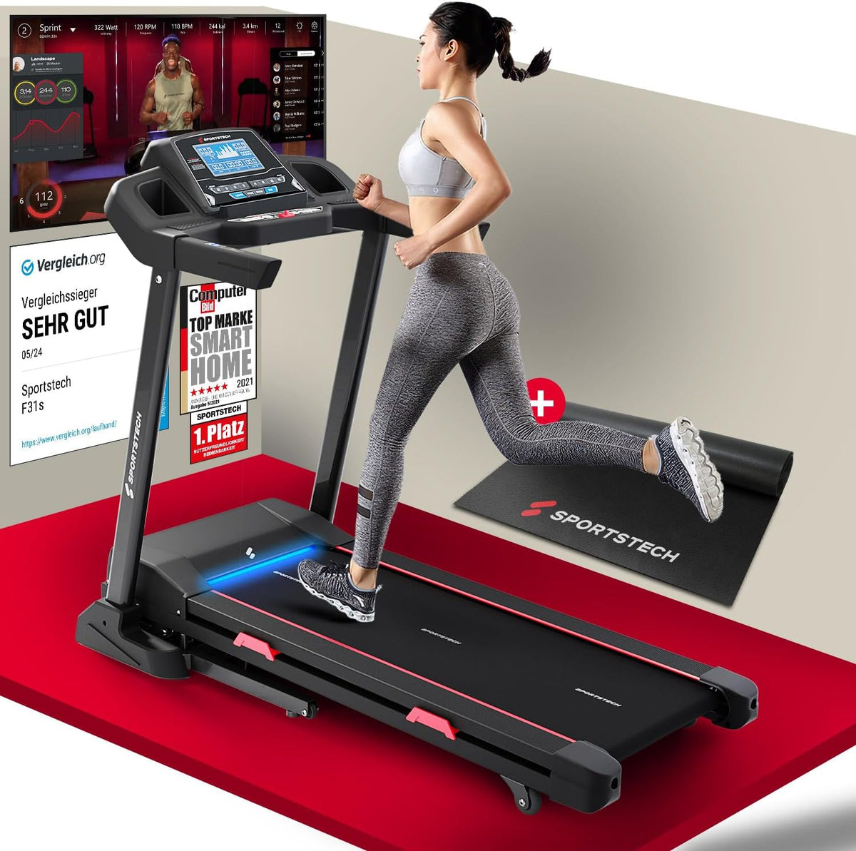 Sportstech F31s: Klappbares Laufband für Zuhause mit App, Bluetooth & LEDl
