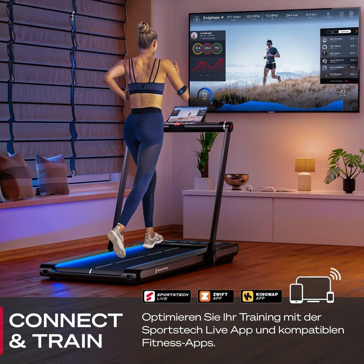 Sportstech Klappbares LED‑Laufband: Walking Pad mit Bluetooth‑Appl