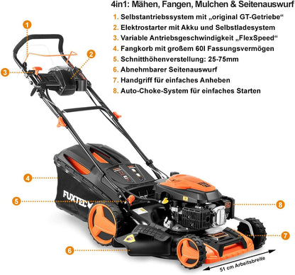 FUXTEC FX-RM5196eSPRO 4in1 Benzinmäher, E-Start & Antrieb, 51 cm Schnittf