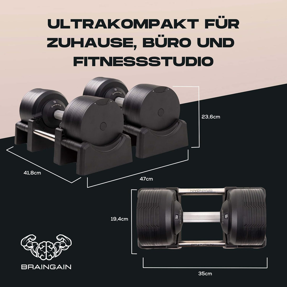 BRAINGAIN Verstellbare Hanteln: Chrom/Schwarz, Krafttraining für Zuhausel