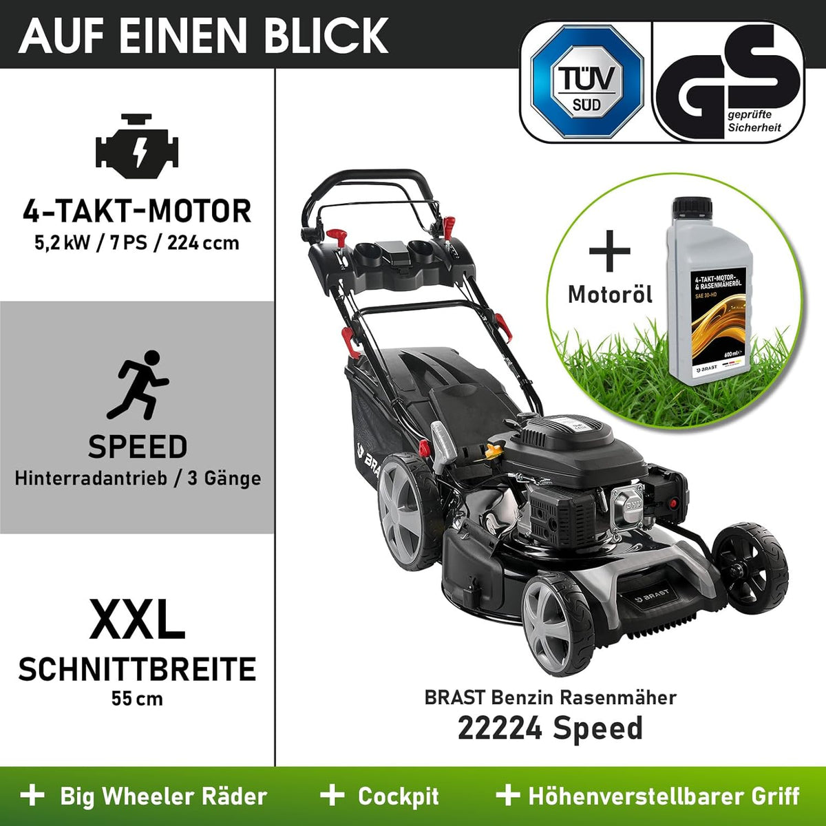 BRAST® Benzin Rasenmäher mit Antrieb | 5,2kW (7PS) | 55cm Schnittbreite | viele Modelle | TÜV | 30-80mm Schnitthöhe | 60L Fangkorb | 4 Takt OHV Motor | Stahlgehäuse | Speedf