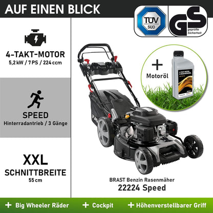 BRAST® Benzin Rasenmäher mit Antrieb | 5,2kW (7PS) | 55cm Schnittbreite | viele Modelle | TÜV | 30-80mm Schnitthöhe | 60L Fangkorb | 4 Takt OHV Motor | Stahlgehäuse | Speedf