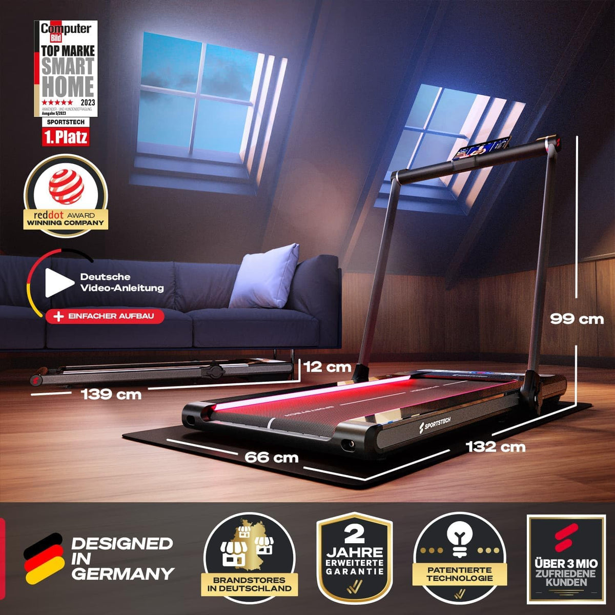 Sportstech Klappbares LED‑Laufband: Walking Pad mit Bluetooth‑Appl