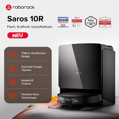 roborock Saros 10R Saugroboter mit Wischfunktion, ultraflach, StarSight 2.0, Zero-Tangle, Multifunktions-Dockd