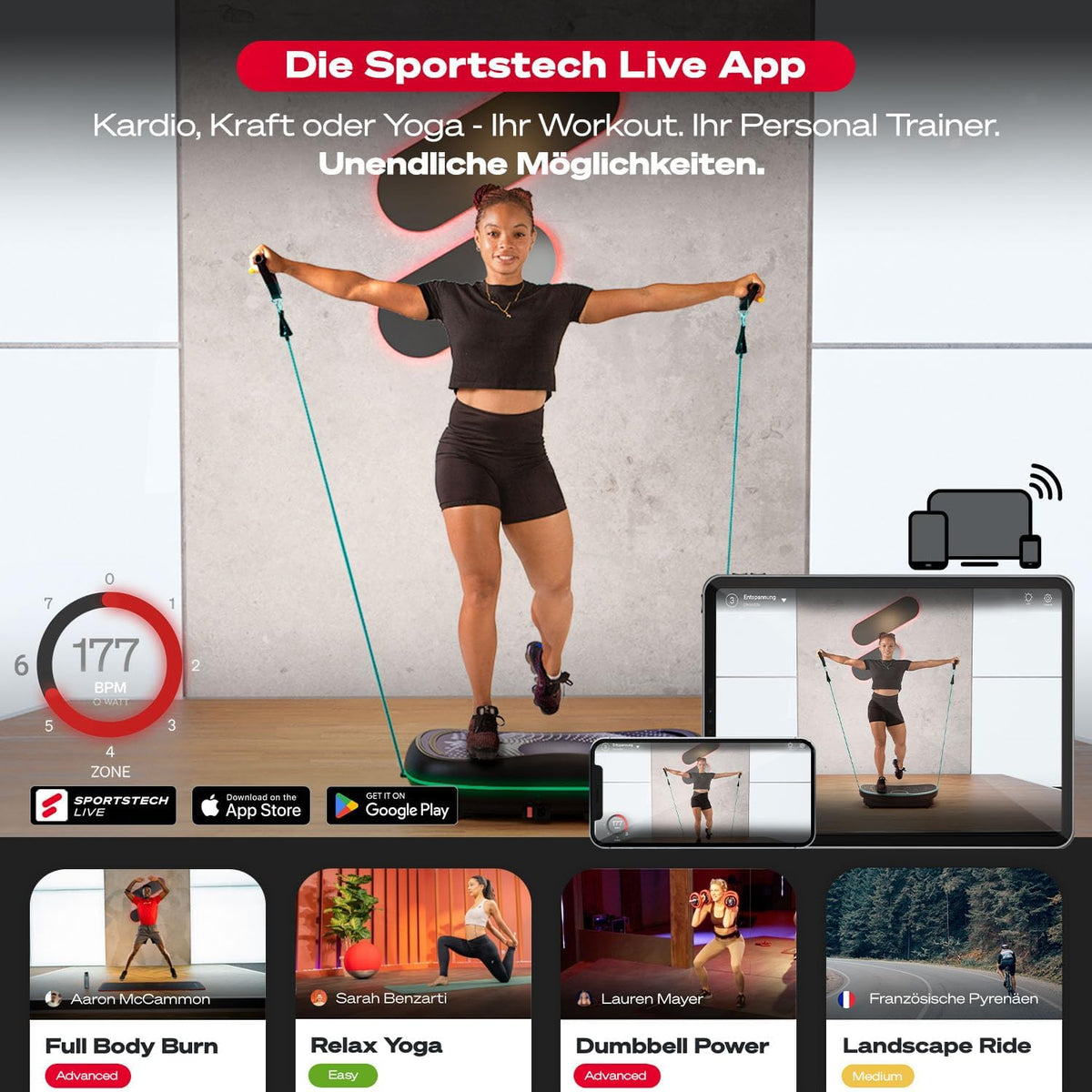 Sportstech 4D Vibrationsplatte: Smart LED, Bluetooth, Fitness & Yogal