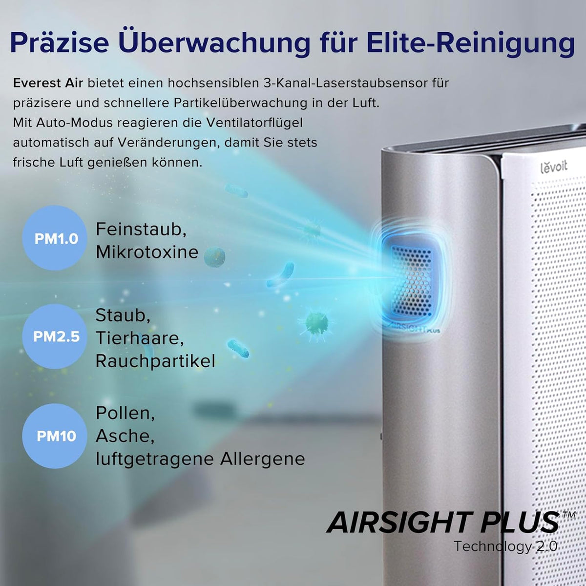 LEVOIT EverestAir Luftreiniger: Große Räume, Allergiker, Smart WiFi, Alexa, Leise 26dBd